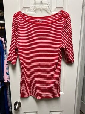Old Navy Red and White Striped Boatneck Elbow-Sleeve Top